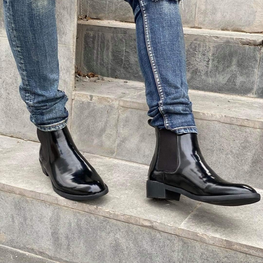 Giày Chelsea Boots nam da bò bóng màu đen, Boot nam da bò bóng đế cao su đúc cao 4cm size 38-43 phối đồ cùng Skiny Jean | BigBuy360 - bigbuy360.vn