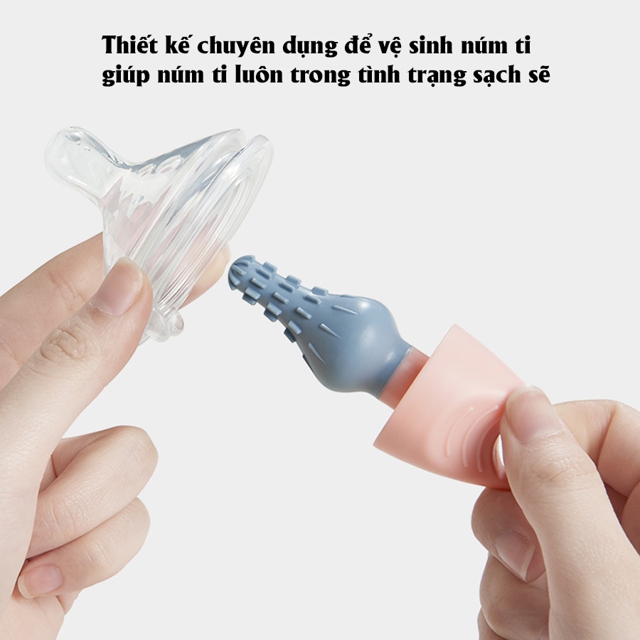 Cọ rửa bình sữa và núm ti Silicon 4 chi tiết, đầu tay cầm xoay 360 độ cao cấp PUPU KIDS SHOP