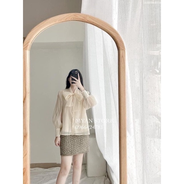 ÁO SƠ MI TƠ THẮT NƠ CỔ TAY BỒNG ĐÍNH KHUY