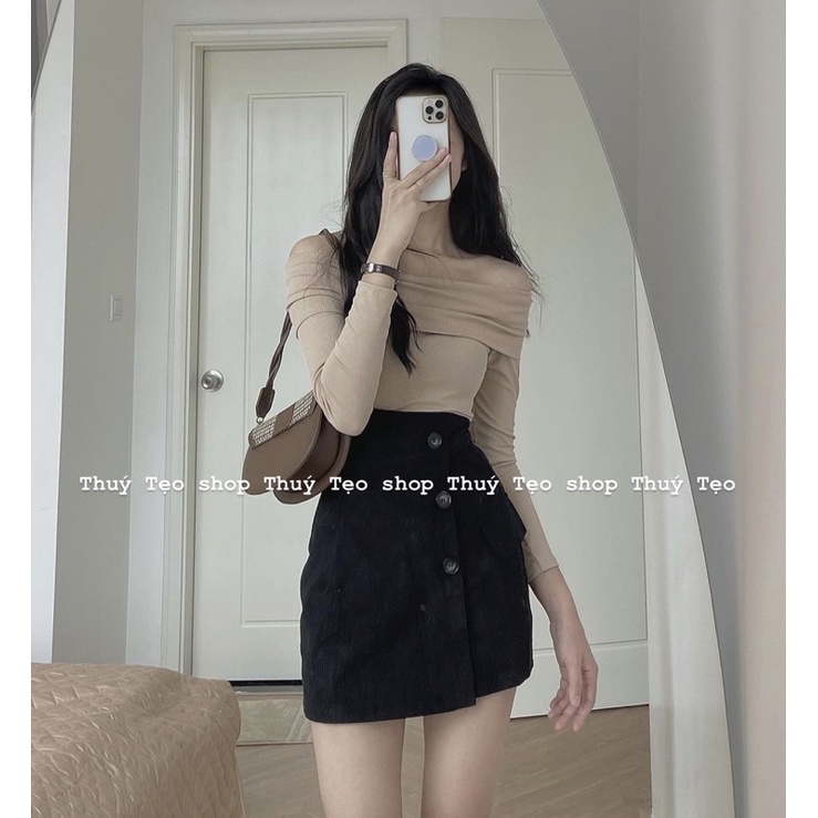 [Hàng sẵn] Set áo thun tăm dài tay TRỄ VAI phối chân váy nhung tăm cúc lệch phong cách thanh lịch