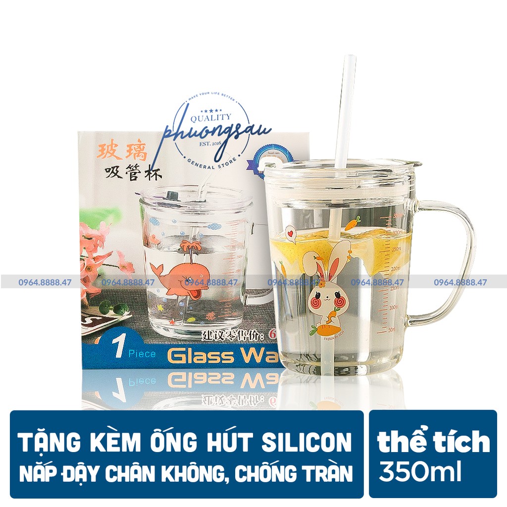 [CHÍNH HÃNG] Ly Thủy Tinh Chia Vạch 350ml, Ly Pha Sữa Chia ml, Nắp Chống Tràn, Tiện Lợi, Bền Đẹp, Ống Hút Sillicon