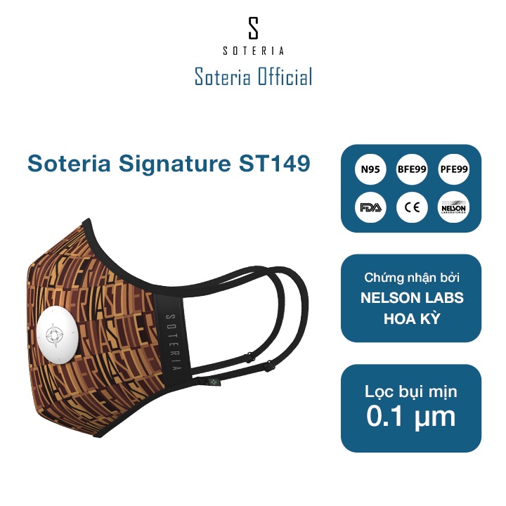Khẩu trang tiêu chuẩn Quốc Tế SOTERIA Signature ST149 - Bộ lọc N95 BFE PFE 99 lọc đến 99% bụi mịn 0.1 micro- Size S,M,L