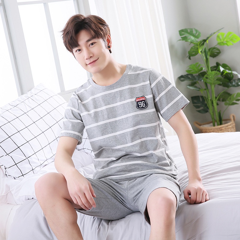 Bộ đồ ngủ gồm áo tay ngắn + quần short dáng rộng bằng cotton nguyên chất thời trang mùa hè cho nam