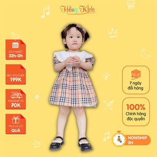 Váy buberry cho bé, đầm bé gái họa tiết caro phối cổ trắng siêu sang chất thô mềm