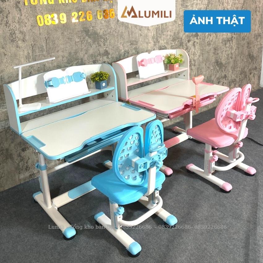 bàn học có giá sách cho bé Lumili R9 Premium chống gù chống cận, bàn học kèm kệ sách cho bé, phù hợp cho học sinh
