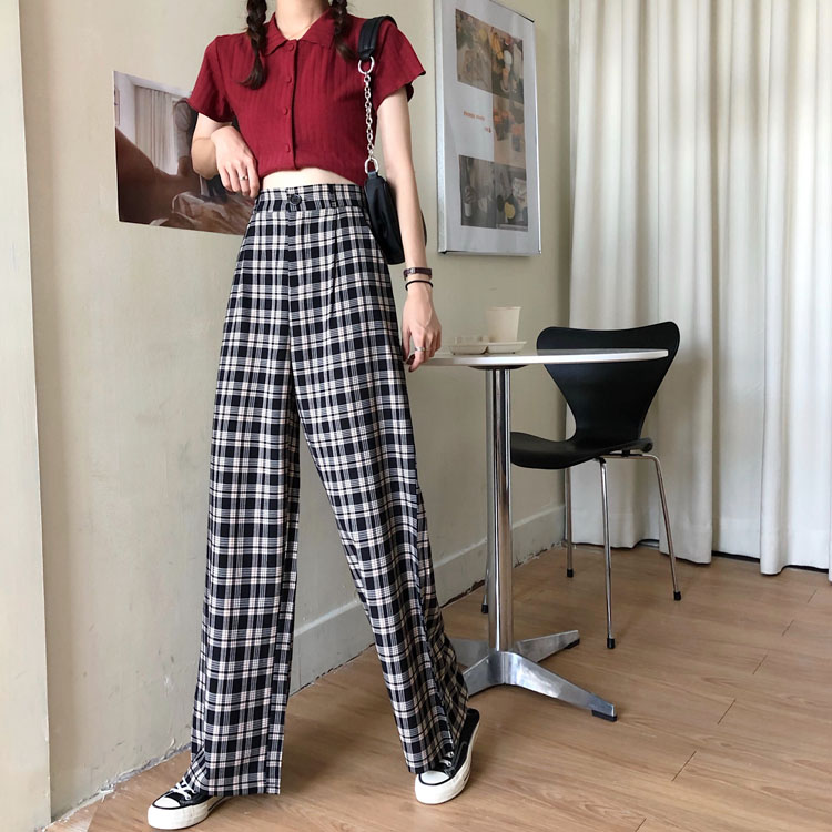 Quần Dài Ống Rộng Kẻ Sọc Vuông Thời Trang Hàn Quốc Thanh Lịch 40831