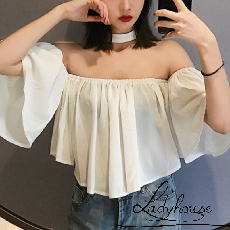 Áo Kiểu Trễ Vai Tay Ngắn Màu Trơn Thời Trang Dự Tiệc Cho Nữ
