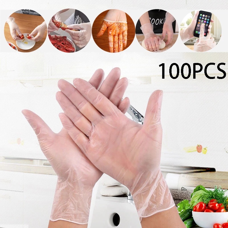 Set 100 găng tay y tế bằng nhựa trong suốt dày dặn chống dầu/chống nước dùng 1 lần
