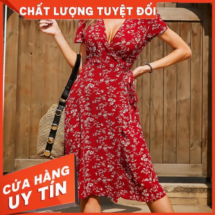 Đầm Lovito giáng sinh Boho vải hoa cổ V tay loe màu đỏ kiểu chữ A L01146 (màu đỏ) - Hàng nhập khẩu