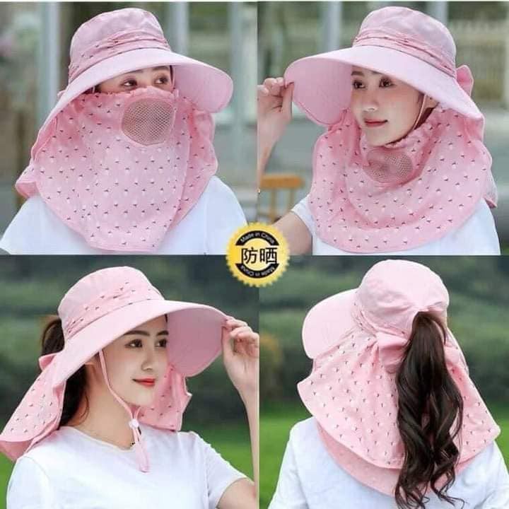 Mũ Che Nắng Kèm Khẩu Trang Chống Tia Uv Bảo Vệ Mặt Và Cổ Chất Liệu Cotton Có Thể Tháo Rời