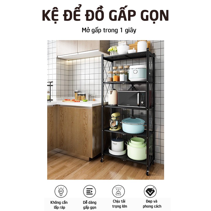 Kệ đa năng gấp gọn để đồ nhà bếp bằng thép carbon kèm bánh xe - Loại 5 tầng