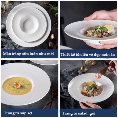 Đĩa sứ trắng trũng vành cao bày súp và mỳ Ý cao cấp 23cm cho nhà hàng