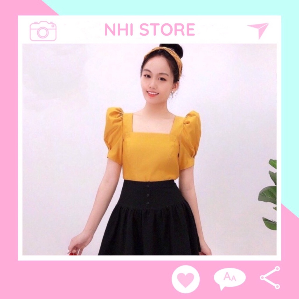 Áo Kiểu Nữ NHISTORE Cổ Vuông Tay Phồng Xếp Ly Vải Taffa Cao Cấp Freesize Dưới 57 Kg