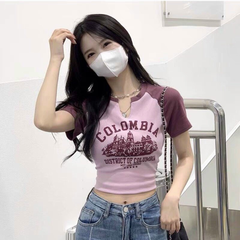ÁO CROPTOP KIỂU LỬNG NỨ NGẮN TAY CỔ TRÒN KHOÉT IN CHỮ COLOMBIA  MÀU HỒNG TRẮNG KEM TÔN DÁNG ĐỈNH CAO HOT HIT NITIQC