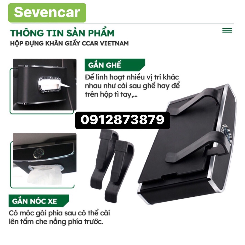 Hộp đựng khăn giấy trên ô tô, bảng ghi số điện thoại xe hơi, đồng hồ trên ô tô 3 trong 1 cao cấp- Sevencar