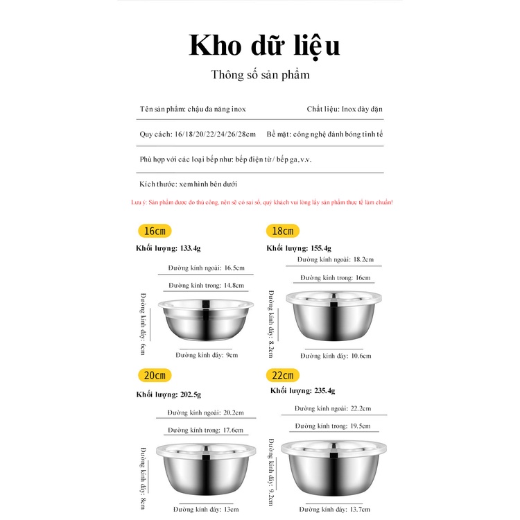 Chậu inox siêu dày siêu sâu chậu đựng canh đa năng chậu canh chậu rửa rau củ chậu đánh trứng âu trộn bột