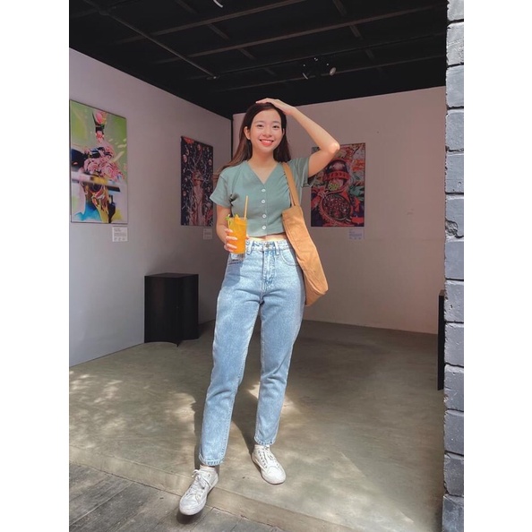 Quần jean bò baggy nữ jeans cạp cao phong cách Hàn Quốc