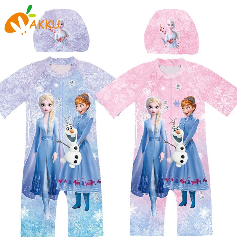 Bộ Đồ Bơi Liền Thân Tay Ngắn + Mũ Bơi Họa Tiết Aisha Dễ Thương Cho Bé Gái