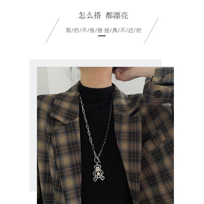Dây chuyền thép titan mặt hình gấu phong cách hip hop Hàn Quốc
