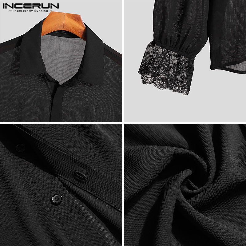 Áo sơ mi INCERUN tay loe phối ren lưới xuyên thấu cài nút sành điệu cho nam
