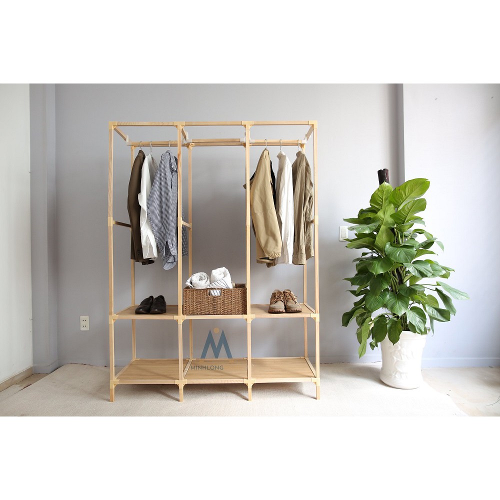 Tủ treo quần áo - tủ vải khung gỗ - minhlongwood - 3 buồng 6 ngăn - M24