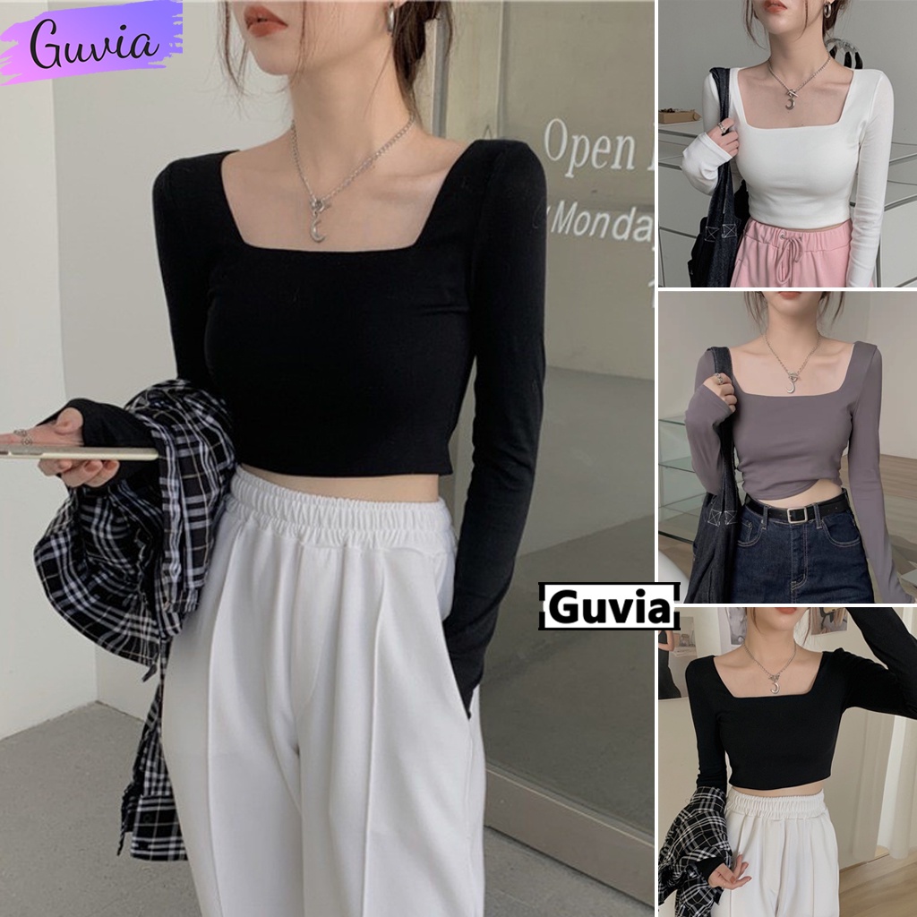 Áo Croptop Nữ Cổ Vuông Tay Dài Ôm Body Co Giãn Tốt, Áo Croptop Tay Dài Cổ Vuông Thun Borip GUVIA