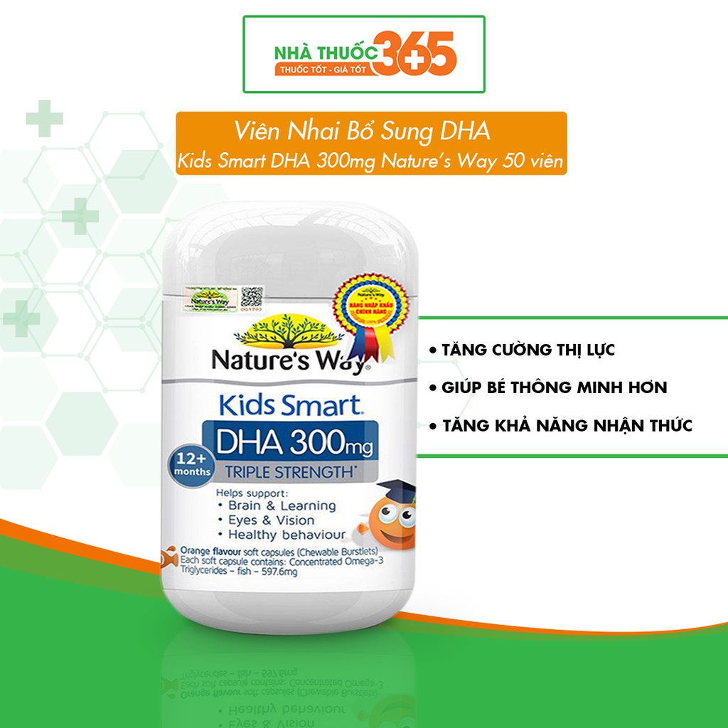 Viên Nhai Nature's Way Kids Smart DHA 300mg Triple Strength Tăng Cường Sự Phát Triển Của Trẻ 50 Viên