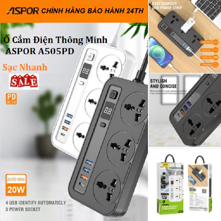 Ổ Điện Chính Hãng Aspor A505-PD, Sạc Nhanh USB C-PD 20W - Có Hẹn Giờ - Chống Cháy Nổ - Dây Dài 2m