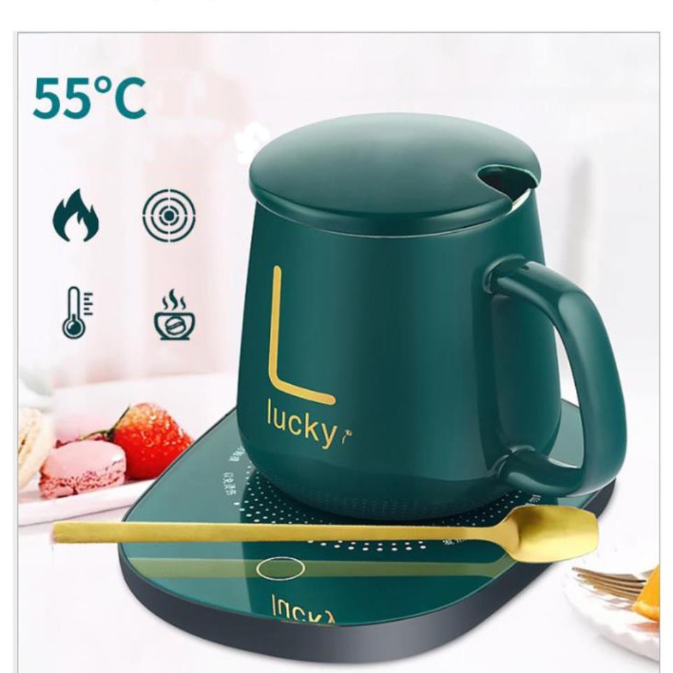 Bộ Cốc Uống Cafe Uống Trà Kèm Đế Hâm Nóng LUCKY Tặng Kèm Thìa Mạ Vàng cao cấp