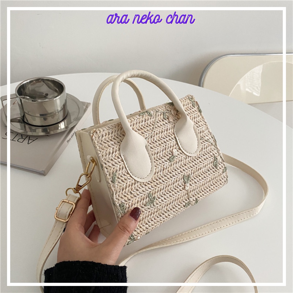 (Sẵn) Túi xách nữ đeo vai đeo chéo thời trang xinh xắn thêu hoa bằng vải cói