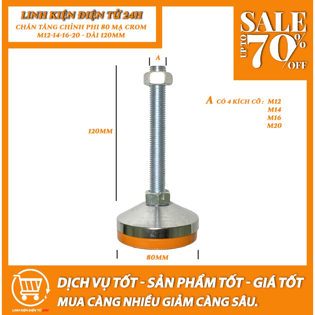 Chân tăng chỉnh chịu lực phi 80mm, mạ Crom ren M12-M14-M16-M20, Dài 120mm
