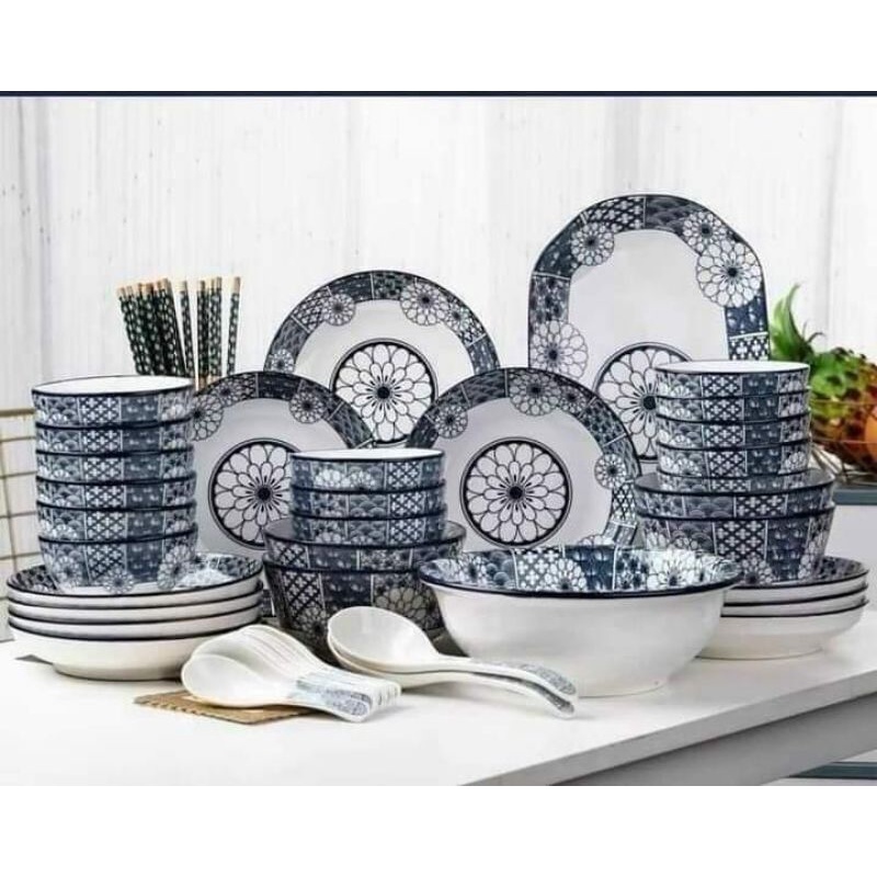 Bộ Bát đĩa ăn cơm hoa văn xanh sang trọng sứ trắng men sáng dày đẹp