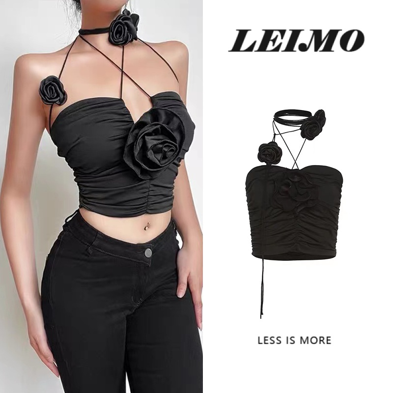 Áo croptop Sát Nách Màu Đen In Hoạ Tiết Hoa Hồng Quyến Rũ Phong Cách Retro Kiểu Pháp Cho Nữ