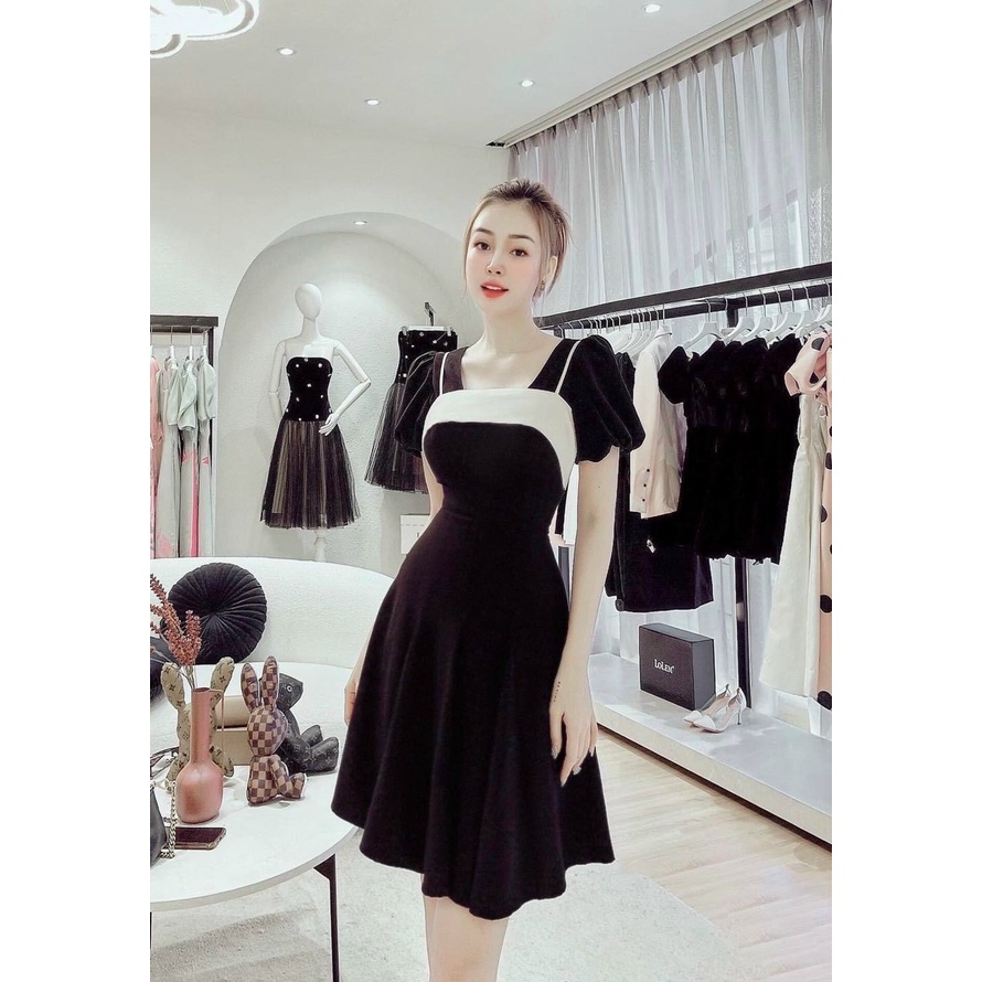 (Sale FreeShip)Đầm tiểu thư tay phồng,đầm thiết kế phối màu cực sang chất nhung cao cấp có mút,đi tiệc sang chảnh