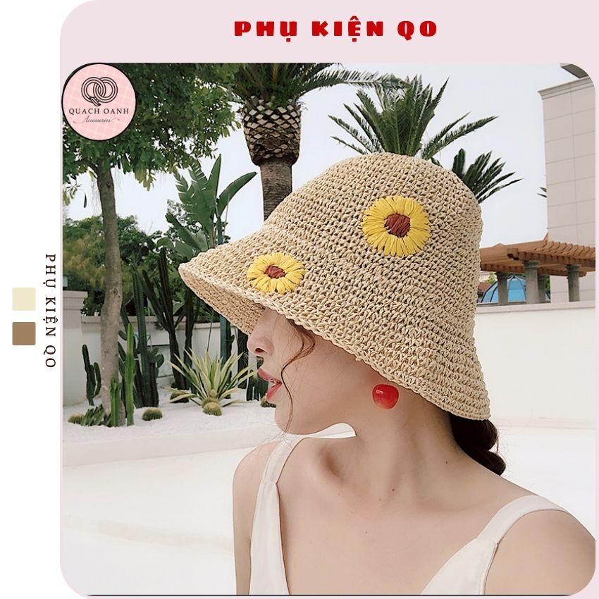 Mũ cói mềm, nón cói đi biển mẹ và bé vành rộng thêu hoa cúc daisy phong cách vintage chống nắng – MC38