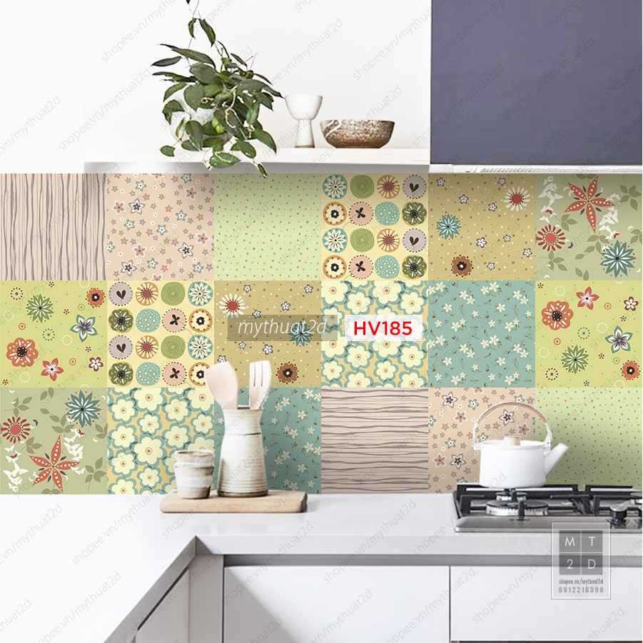 Decal gạch bông dán bếp dán tường, màu Vintage tiles, 120x60cm/set, Mua 3 Tặng 1