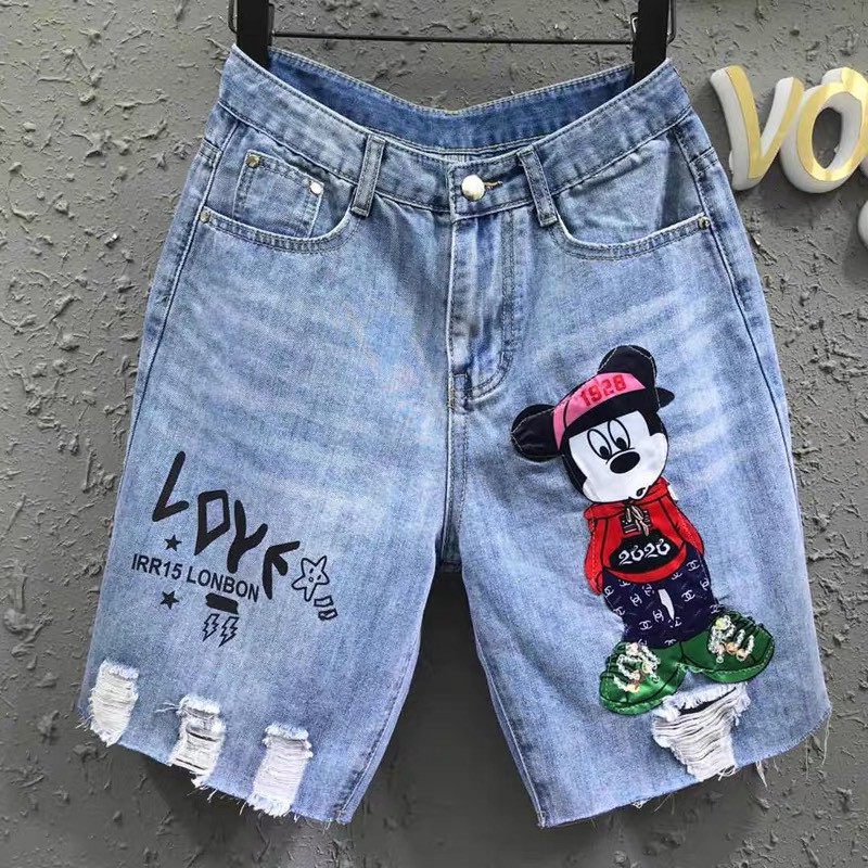 Quần jean ngố / lửng / 5 tấc BIGSIZE lưng cao, rách bụi đẹp, in hình mèo chuột 3336 3735 Moliruan