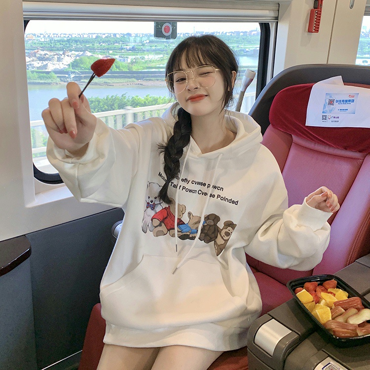 Áo hoodie dài tay dáng rộng in hình giản dị dễ phối đồ thời trang