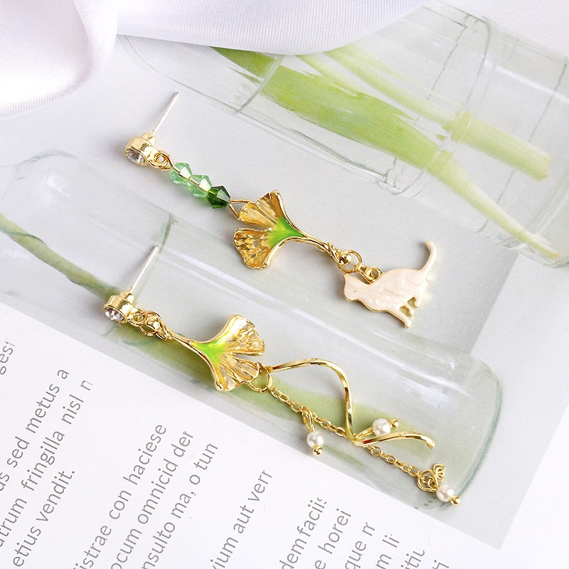 Đôi bông tai mạ bạc 925 hình mèo và lá dễ thương