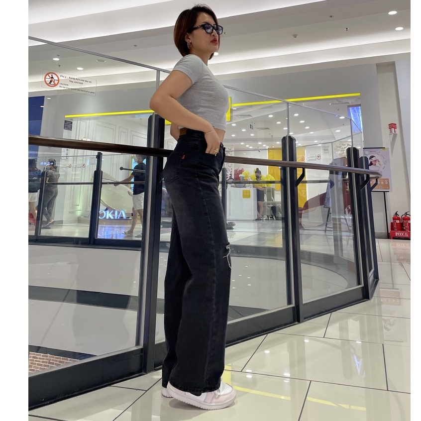 Quần jean dài nữ cao cấp ADO JEANS, quần dài ống rộng rách gối phong cách Ulzzang School có Bigsize
