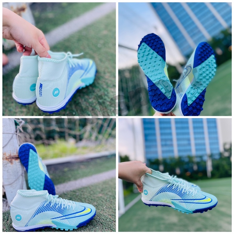 Giày đá bóng chuyên sân cỏ nhân tạo superfly8 cổ cao màu xanh trắng đế TF