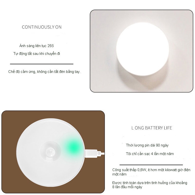 Đèn led cảm ứng chuyển động sạc pin,Đèn ngủ cảm biến thông minh không dây dán tủ quần áo, cầu thang, phòng ngủ