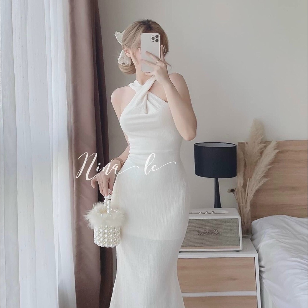 Váy nữ đầm ôm body cổ chéo dáng dài 2 màu xanh lá và trắng chụp ảnh dự tiệc dạo phố Kawaii Mise
