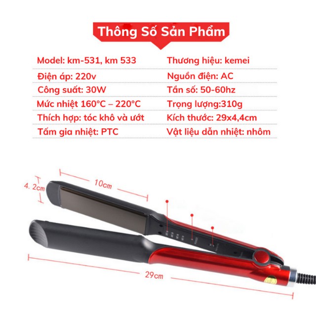 Máy Duỗi Tóc, Máy Là Tóc 4 Mức Chỉnh Nhiệt Kemei KM-531 Giúp Tạo Kiểu , Làm Thẳng Tóc