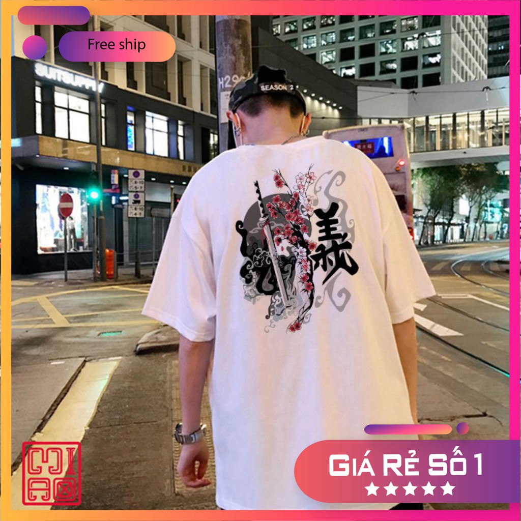 Áo Thun Tay Lỡ Unisex Form Rộng Nam Nữ Hoa Đào Basic Tee Màu Trắng Phong Cách Trung Hoa
