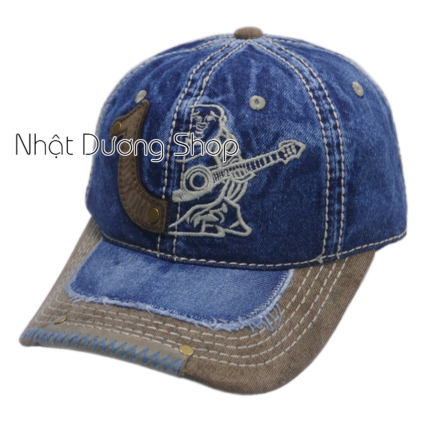 Nón lưới trai ông địa đàn kaki,Nón kết ông địa True Religion loại xịn thêu một nữa - Vải Kaki, vá da trước kết