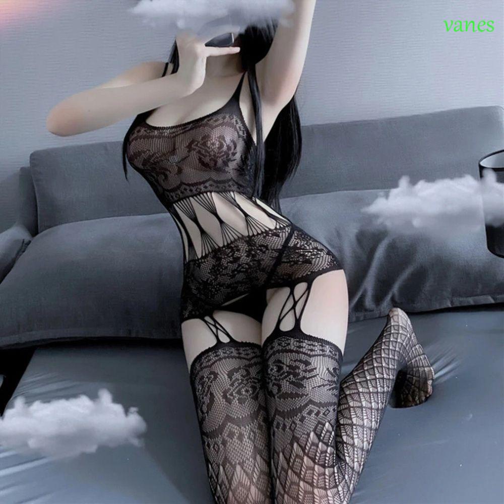 Bộ Đồ Ngủ Áo Liền Quần Bằng Vải Lưới Trong Suốt In Hoa Hở Đáy VANES1 Dành Cho Nữ