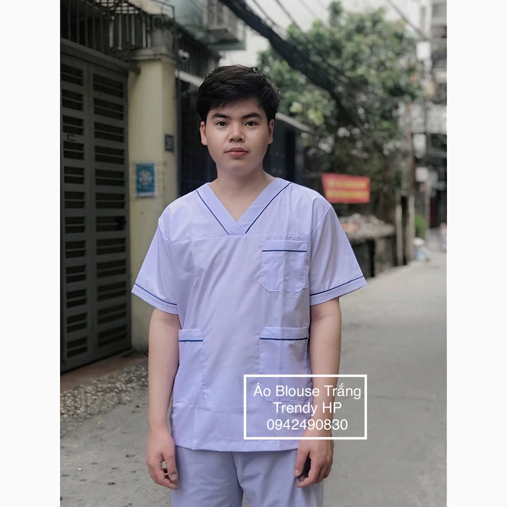 Bộ blouse cổ tim nam nữ- bộ scrubs kỹ thuật viên màu trắng có viền xanh nam nữ cộc tay cho bác sỹ, điều dưỡng, dược sỹ