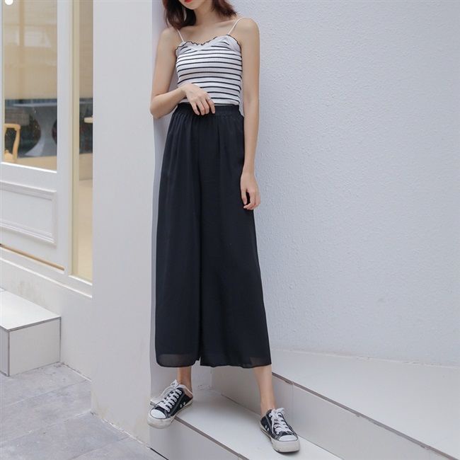 Quần Dài Lưng Cao Ống Rộng Phong Cách Hàn Quốc Cho Nữ