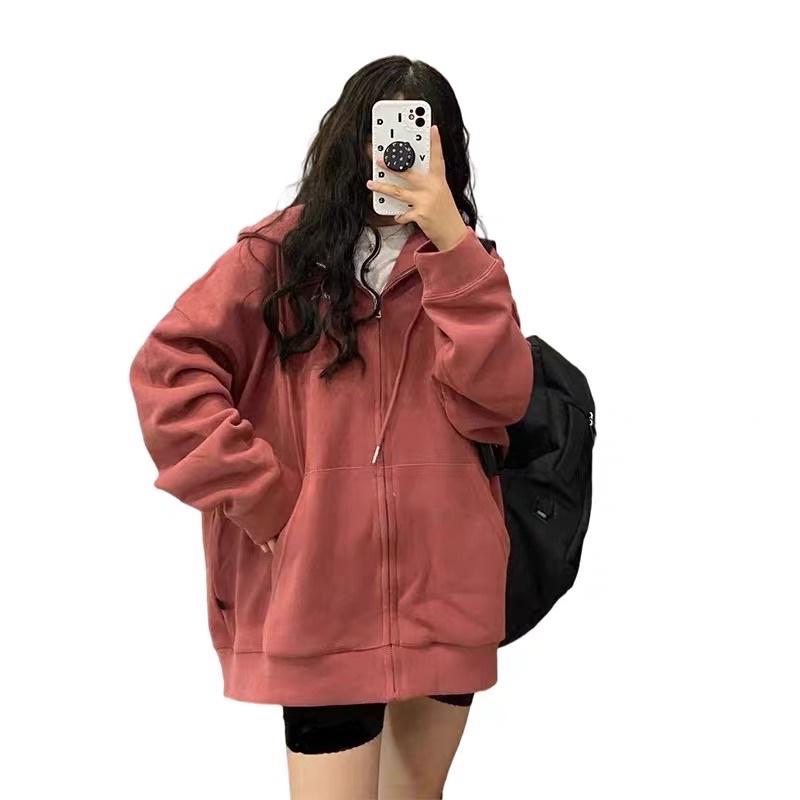 [Ảnh thật/Video]Áo Khoác Nỉ Đỏ đô cá tính Khóa Zip Oversize- Hoodie dáng thụng form rộng dài tay.